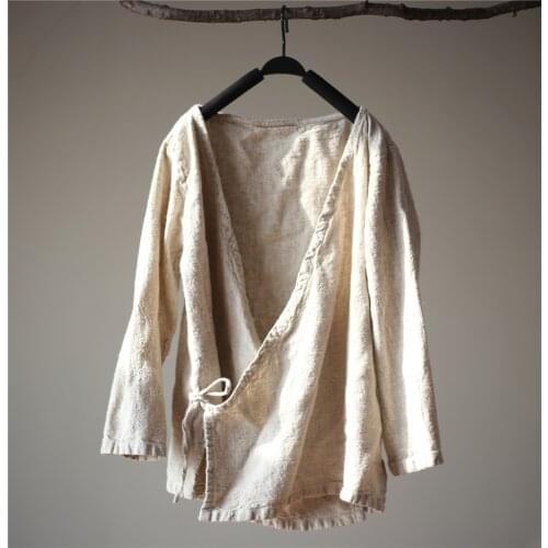 Women Beige Linen String Jackets Ladies Three Quarter Sleeve Cardigans shirts Outwear for Female Ladies Coat Overcoat