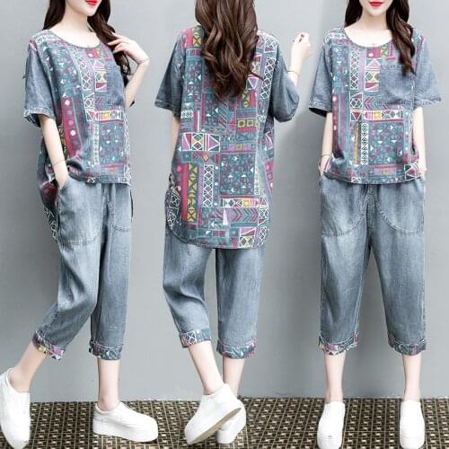 2021 Summer Korean Version Loose Large Size Printing Casual Tencel Denim Suit Thin Two-piece Woman