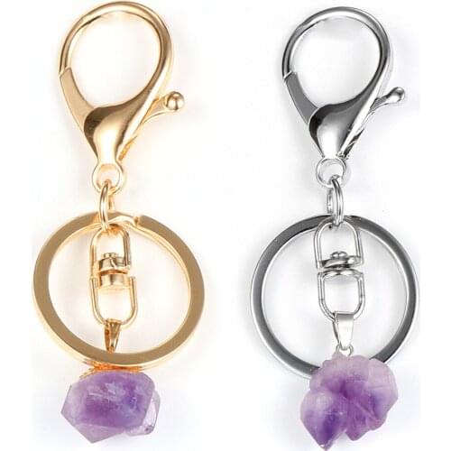Women Men Natural Stone Irregular Amethysts Keyring Alloy Key Chain Gold Silver Color Keychain Jewelry