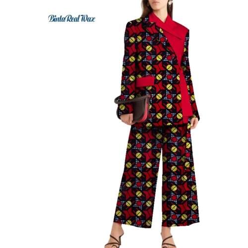 Women African Print Suit and Pants Sets Dashiki Patchwork 2 Pieces Wide Pants Sets for Women Belt Blazer African Clothing WY7729