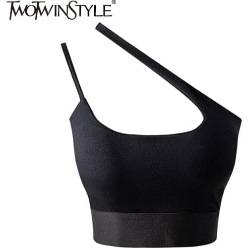 TWOTWINSTYLE Casual Black Vest For Women Skew Collar Sleeveless Slim Minimalist Tank Top Female Summer Fashion Clothing 2021 New