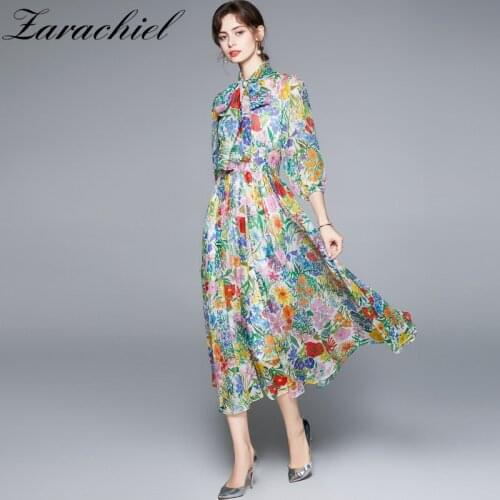 2021 Fashion Autumn Chiffon Vacation Flower Dress Womens Bow Collar Lantern Sleeve Floral Print Party Long Female Robe Vestidos