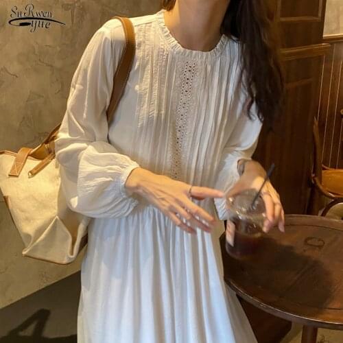 New Lantern Sleeve O Neck Maxi Dress 2021 Korean Vintage Cotton White Dress for Women Loose Women Clothing Vestidos 14515