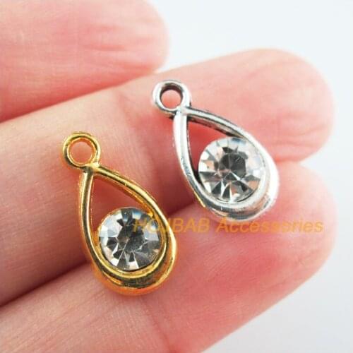18Pcs Retro Gold Tibetan Silver Tone Teardrop Clear Crystal Charms Pendants 9.5x17.5mm