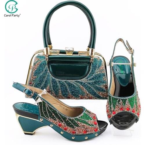 2020 African Teal Color Italian Design Hot Selling Nigerian Fashion Style Women Shoes And Bag Set Decorated With Rhinestone