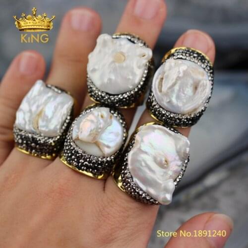 5pcs White Pearl Rings Fine Jewelry,Natural Freeform Pearl Shell Solitaire Rings,Plated Gold Paved Rhinestones Ring for Men YT34