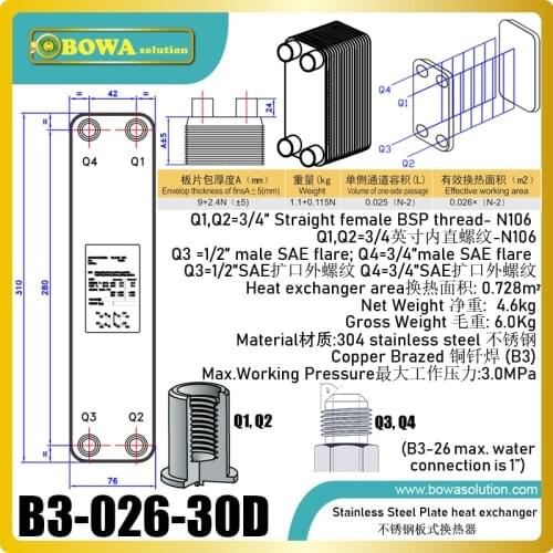 B3-026-30D copper brazed Stainless Steel Plate heat exchanger for air source water heater or water cooled refrigeration unit