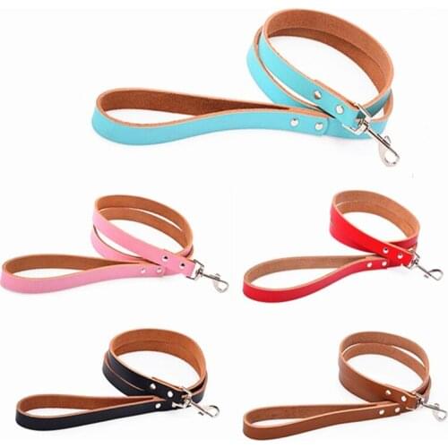 Free shipping genuine leather dog leash S M five colors supply small dog collar leash pet running belt pet leash large dog