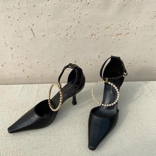 Fashion Women Sandals Big Rhinestone Ring Design Ankle Strap Sandals Pumps Pointed Toe Black White Ankle Strap Wedding Sandals