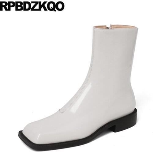Square Toe Fashion Big Brand Block Chunky Genuine Leather Girls Zip Up Black White Patent Side Boots Ankle Short Women Shoes New