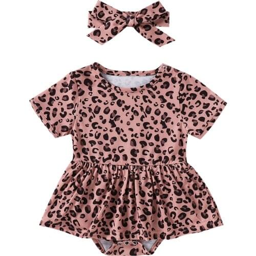 Baby Girl’s Short-sleeved Romper Summer Leopard Pattern Skirt Jumpsuits + Headband
