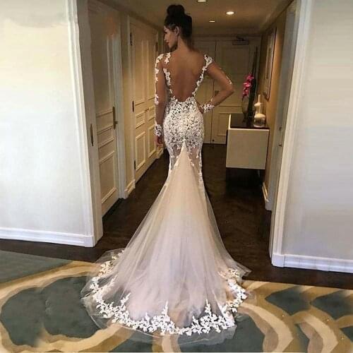 Charming Long Sleeves Lace Mermaid Wedding Dress Sexy Backless Swwep Train See Through Long Bride Dresses Custom Made