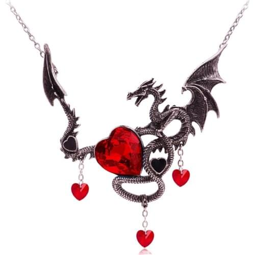 Dragon Necklace for Women Men Austrian Rhinestone Heart Necklaces Pendant Personality Necklace Accessory Halloween Party Jewelry
