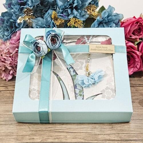 Gift Thin Cotton Prayer Rug, Pearl Rosary Rose Gift Set Blue FREE SHİPPİNG