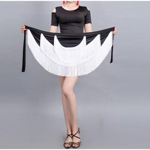 Sale Adult Latin Dance Skirt Womens Double Tassel Tango Yoga Ballroom Cha Cha Latin Dance Dress Fringed Skirt dance Hip scarf