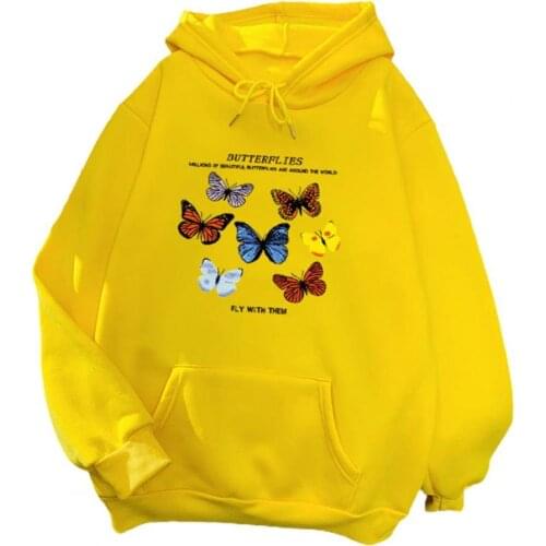 Harajuku Butterflies Pattern Front Pocket Sweatshirt Cotton Blend Long Sleeve Autumn Winter Oversized Casual Hooded for Home