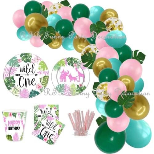 Birthday Balloons Party Tableware Decorations Baby Shower Wedding Decor Jungle Forest Party Pink Wild One Party Favor Supplies