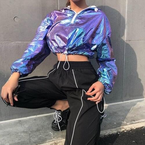 Women Jazz Dance Street Dance Clothing Women Rave Outfit Holographic Jacket Short Hooded Neon Outfit Dance Crop Top