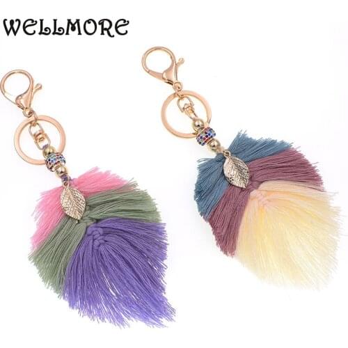WELLMORE New Handmade Bohemia key chains for women leaf tassel alloy Key Chains Girl Bag Key chains fashion jewelry wholesale