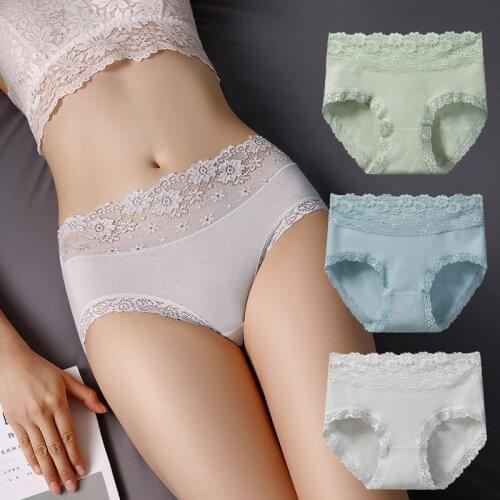 LEVAO Women Panties Sexy Lace Underwear Female Knickers Mid Waist Pure Cotton Antibacterial Seamless Briefs Underpants Plus Size