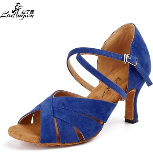 Ladingwu Free Shipping Square head Plush Pad Soft Bottom Dance Shoes Blue Flannel Womens Salsa Latin Ballroom Dance Shoes