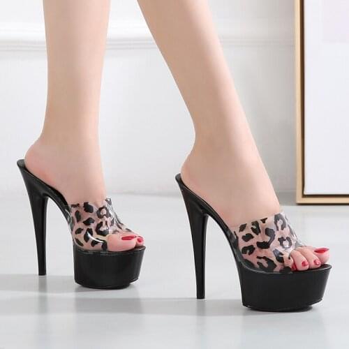 2020 Slippers Women Shoes Summer Black Thin Heels 15cm Leopard Fishmouth Platform Nightclub Fun Shoes Outside Slides Roman New