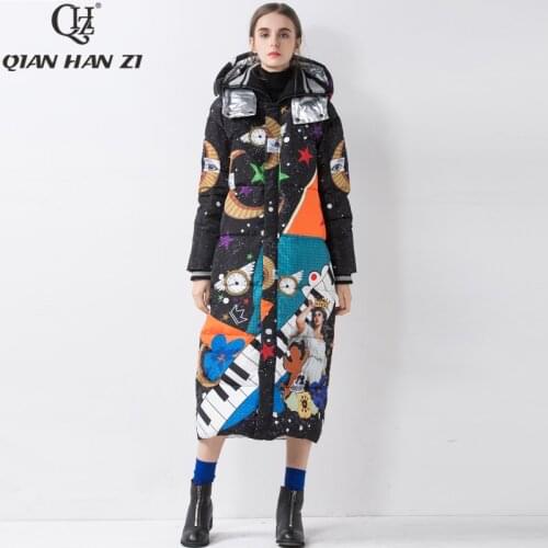 Qian Han Zi Brand Print High quality White duck down warm down jacket long coat Women Thick Winter Loose coats Female Overcoat
