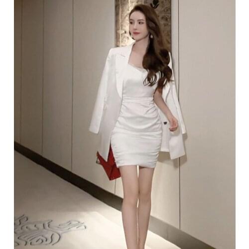 2021 Spring White Spaghetti Strap Dress and Blazer Coat Two Piece Set Elegant Office Lady Workwear Vestidos