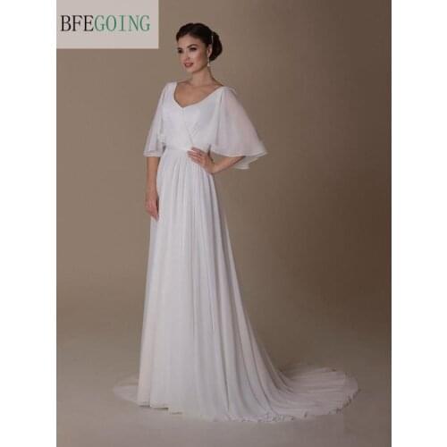 White Chiffon Half Sleeves Floor-Length V-Neck A-Line Wedding Gowns Custom Made Court Train Bridal Dresses