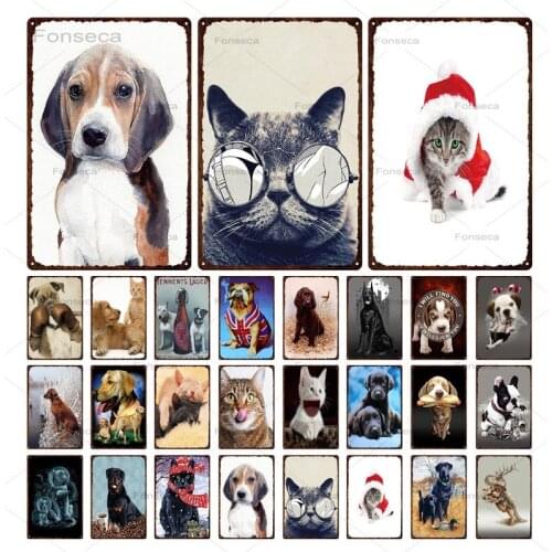 Animals Vintage Metal Signs Dogs And Cat Tin Plaque Wall Art Poster Pet Shop Pub Decoration Iron Painting 20x30cm