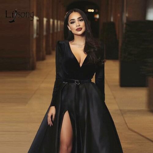 2019 Saudi Arabic Black High Side Split A-ling Prom Dresses Full Sleeves Modest Long Prom Gowns Vestido Longo Festa