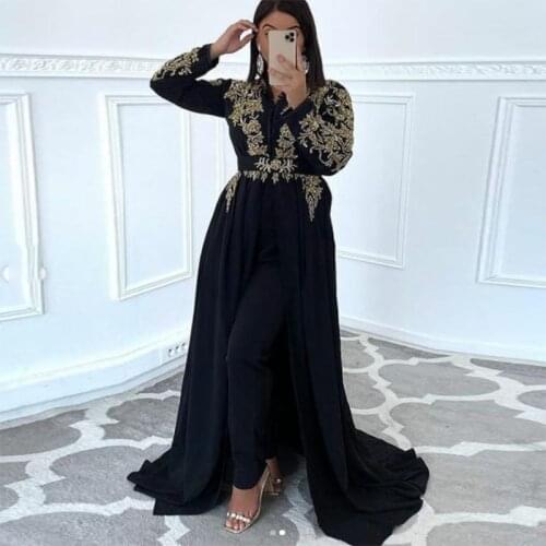 Black Moroccan Caftan Evening Dress Elegant Lace Gold Appliques Long Sleeve Mermaid Prom Celebrity Gowns Formal Dress no Pant