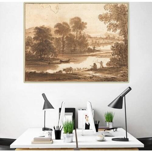 Citon Claude Lorrain《Floodplain with watering place》Canvas Oil Painting landscape Art Poster Picture Wall Decor Home Decoration
