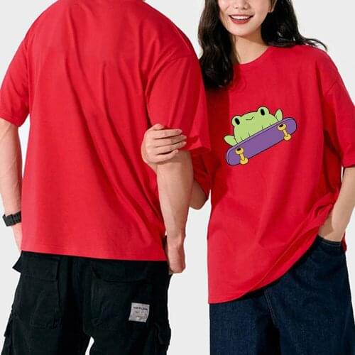 Cute Frog on Skateboard Tshirts Cotton Women T-shirt Harajuku Korean Streetwear Men O-neck Half Sleeves Summer Unisex Clothing