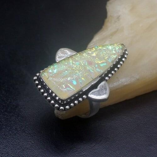 Hermosa Vintage Yellow Dichroic Glass Unique Silver Color Jewelry Fashion Band Ring For Women Ladies Size 8.5 HD824