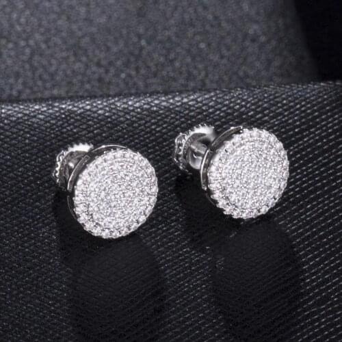 Hip HOP 1Pair Round Zircon Micro Paved Iced Out Rhinestone CZ Stone Round Bling Stud Earring Copper Earrings For Men Jewelry