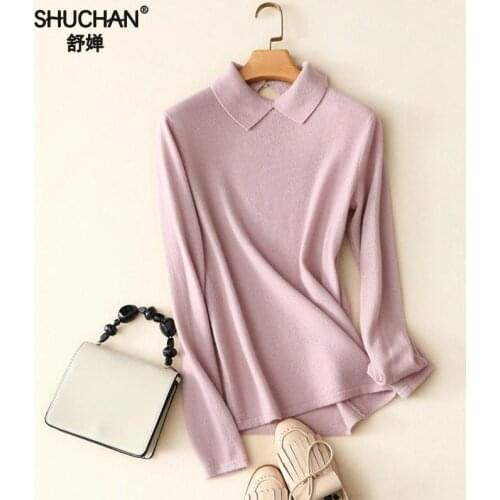 Shuchan 100% Cashmere Sweater Women Pullover Knitted 2018 Autumn Winter Turn-down Collar Casual Pink Sweaters Jumpers Female