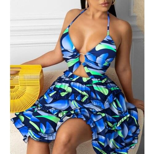 O-ring Cut-out Backless Frill Hem Summer Short DressesFashion Women Sexy Backless Halter Geo Print Mini Dress Beach Dresses
