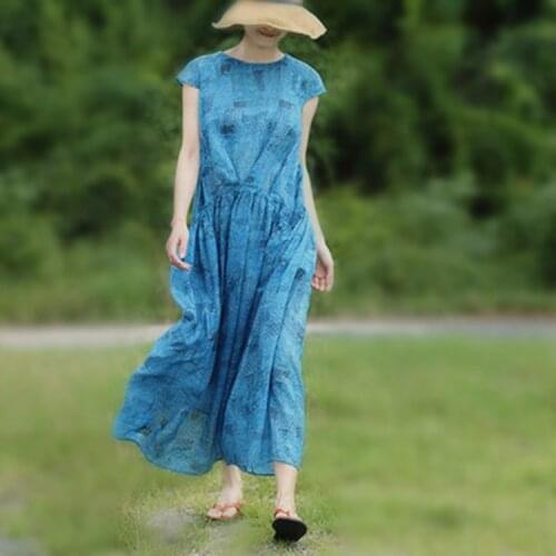 19 A Summer A Ramie Used Indigo Short Sleeve Skirt Waist Fine Fold Easy Dress 80745 h190427