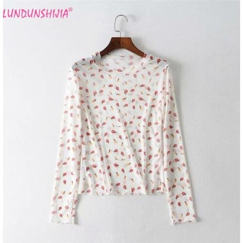 LUNDUNSHIJIA Flowers Printed Mesh Long Sleeve T-shirts Women Sexy Transparent Tops 2019 Summer Tee Tops Undershirt 3 Colors