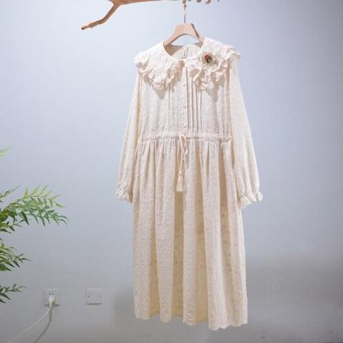 Sweet Japan Style Women 2021 Solid Cotton Embroidered Dress Autumn Long Sleeve Drawstring Waist Lolita Fairy Midi Dress HT15005