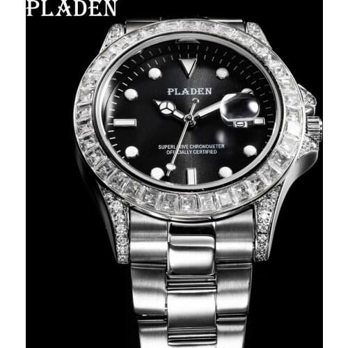 PLADEN Mens Wrist Watches Male White Baguette Diamond Stainless Steel Imitation Wristwatches Swim Man Gift Relogio Masculino