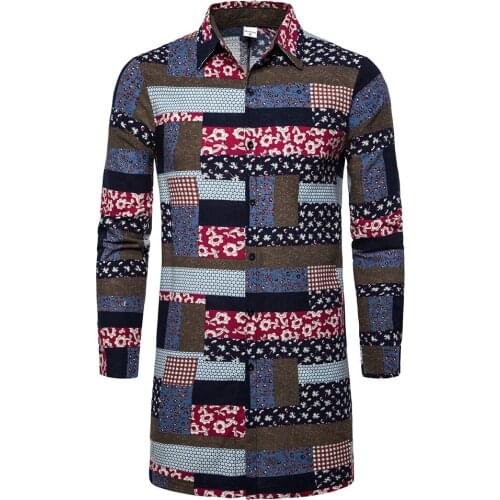 Men Shirts Long Sleeve Male Vintage Print Blouse Festival Casual Fashion Man Elegant Party Shirt
