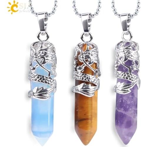 CSJA Dragon Necklace Quartz Necklaces Natural Crystal Stone Hexagonal Prism Ethnic Pendant Hanging Jewelry for Women Men E853