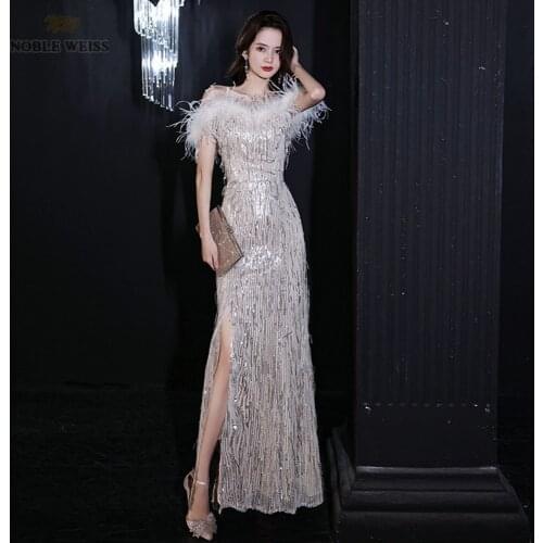 Prom Dresses Boat Neck Mermaid Evening Dresses Ankle-Length Dresses Woman Party Night Feathers Sequined Prom Dress