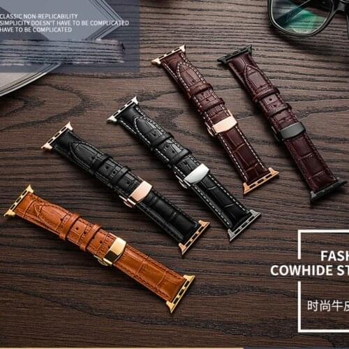 Genuine Leather watch strap for apple watch band applewatch 44mm 40mm 42mm 38mm iwatch 5 4 3 2 1 Butterfly buckle bracelet