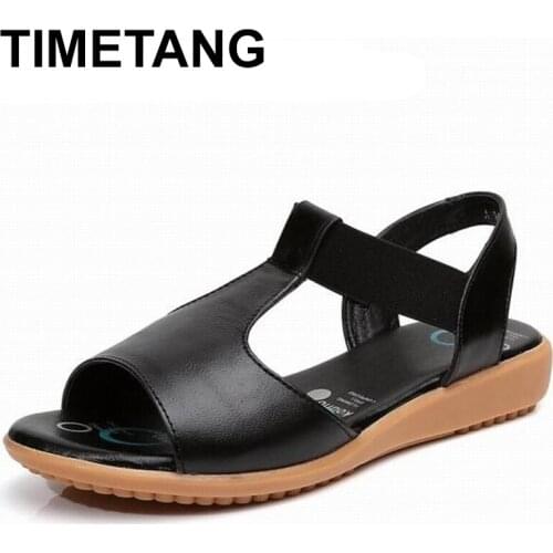 TIMETANG 2021Genuine Leather Women Sandals Fashion Summer Sweet Women Flats Heel Sandals Ladies Shoes Black Plus Size 34-43