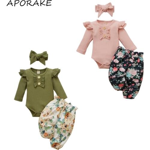 2021 0-18M Infant Girl Clothing Solid Color Ruffled Button Knitted Long Sleeve Romper+Bow Floral Pants+Headband Autumn 3pcs Set