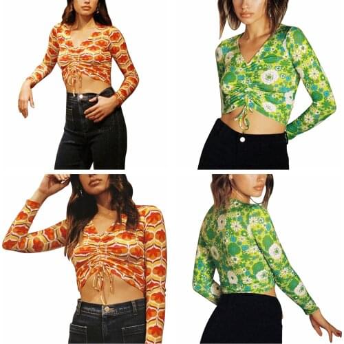Womens floral V-neck blouse, sexy fashion floral design, ruffle, drawstring and navel long sleeve T-shirt NEW Summer