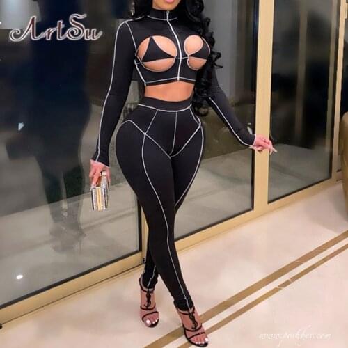 ArtSu Sexy Crop Top and Pants Set Tracksuit Women Sexy Bodycon 2 Pieces Sets Leggings Match Set Black Outfits Streetwear SU28016